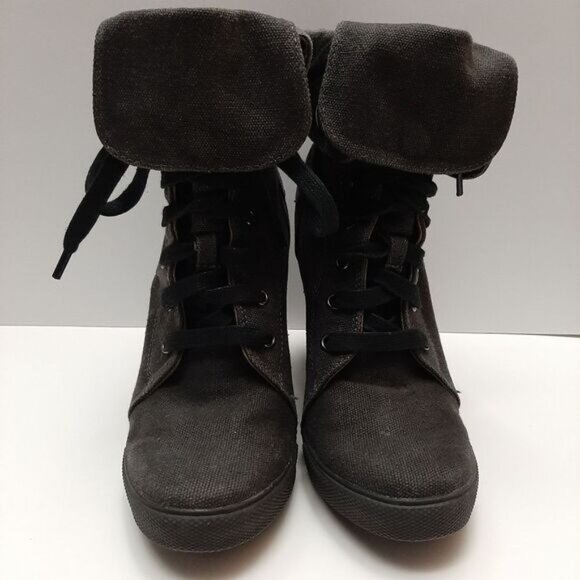 ALDO Canvas Lace-Up High Heel Fold-Over Ankle Boots Sz 8 - 8.5 - Picture 5 of 15